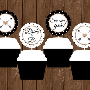 Black White and Rose Gold Cupcake Toppers, Bridal Shower Cupcake Toppers, Black White and Rose Gold Bridal Shower, Bridal Shower Decor, 009