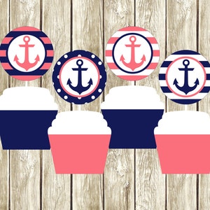 Pink and Navy Nautical Cupcake Toppers, Printable Cupcake Toppers, Pink and Navy Baby Shower, Nautical Baby Shower, Cupcake Toppers, 002