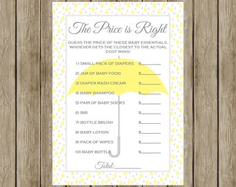 The Price is Right, Baby Shower Game, Gender Neutral Baby Shower, Yellow and Grey, Umbrella Theme, Instant Download, Printable Game, 006