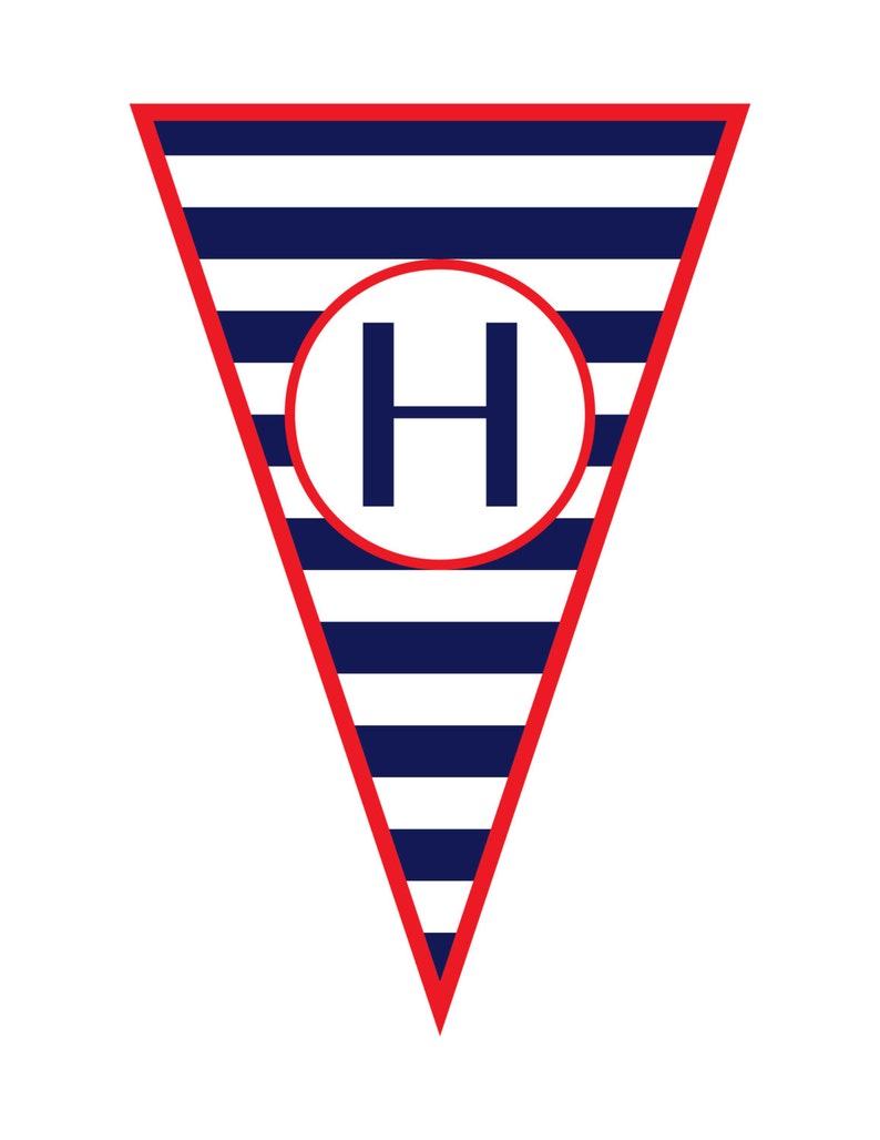 Pu&ograve; includere: Uno striscione triangolare a strisce rosse e blu con un cerchio bianco che contiene la lettera "H" al centro.