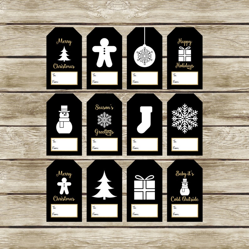 Christmas Gift Tags, Printable Gift Tags, Black White and Gold Gift ...