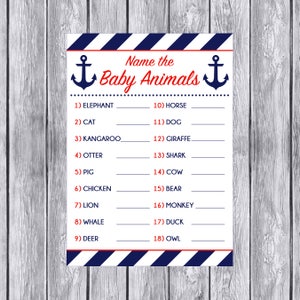 Nommez les bébés animaux, jeu de douche de bébé imprimable, thème nautique, rouge et marine, marine et rouge, thème d&#39;ancre, téléchargement immédiat, 001