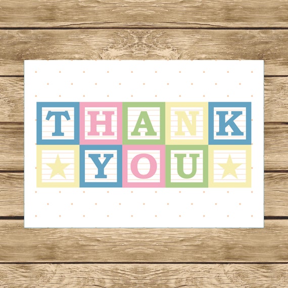 Baby Blocks Thank You Card, Printable Thank You Card, Baby Shower