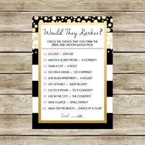 Would They Rather? Printable Bridal Shower Game, Black White Gold and Pink Bridal Shower, Instant Download, Bridal Shower Game,  003