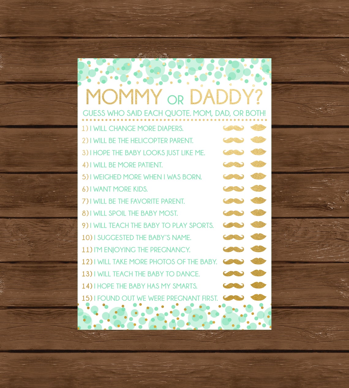 Mommy or Daddy Printable Baby Shower Game Mint and Gold Baby | Etsy