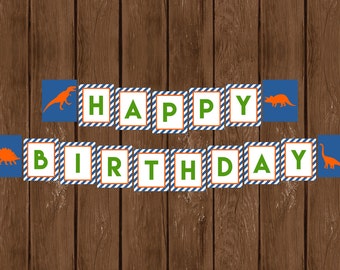 Dinosaur Happy Birthday Banner, Happy Birthday Banner, Orange Blue and Green Banner, Instant Download, Printable Birthday Banner, 016
