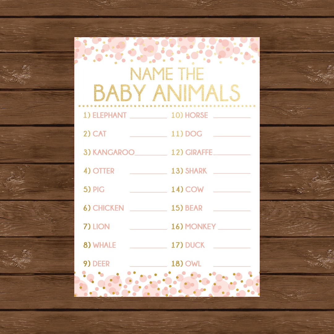 Name the Baby Animals, Printable Baby Shower Game, Pink and Gold Baby ...