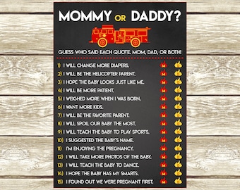 Gioco mamma o papà, tema camion dei pompieri, gioco stampabile per baby shower, download istantaneo, tema pompiere, mamma o papà?, 029
