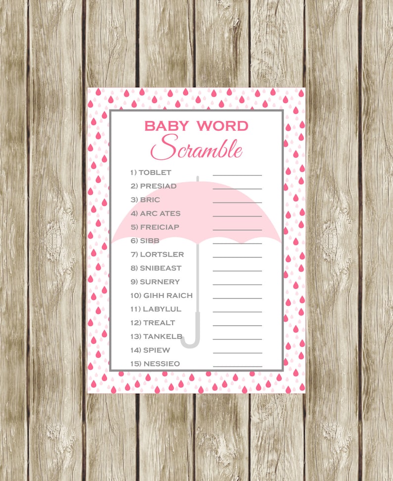 Baby Word Scramble Printable Baby Shower Game Pink and Grey Etsy