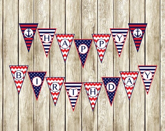 Nautical Birthday Banner, Nautical Happy Birthday Banner, Instant Download Happy Birthday Banner, Printable Nautical Birthday Banner, 001