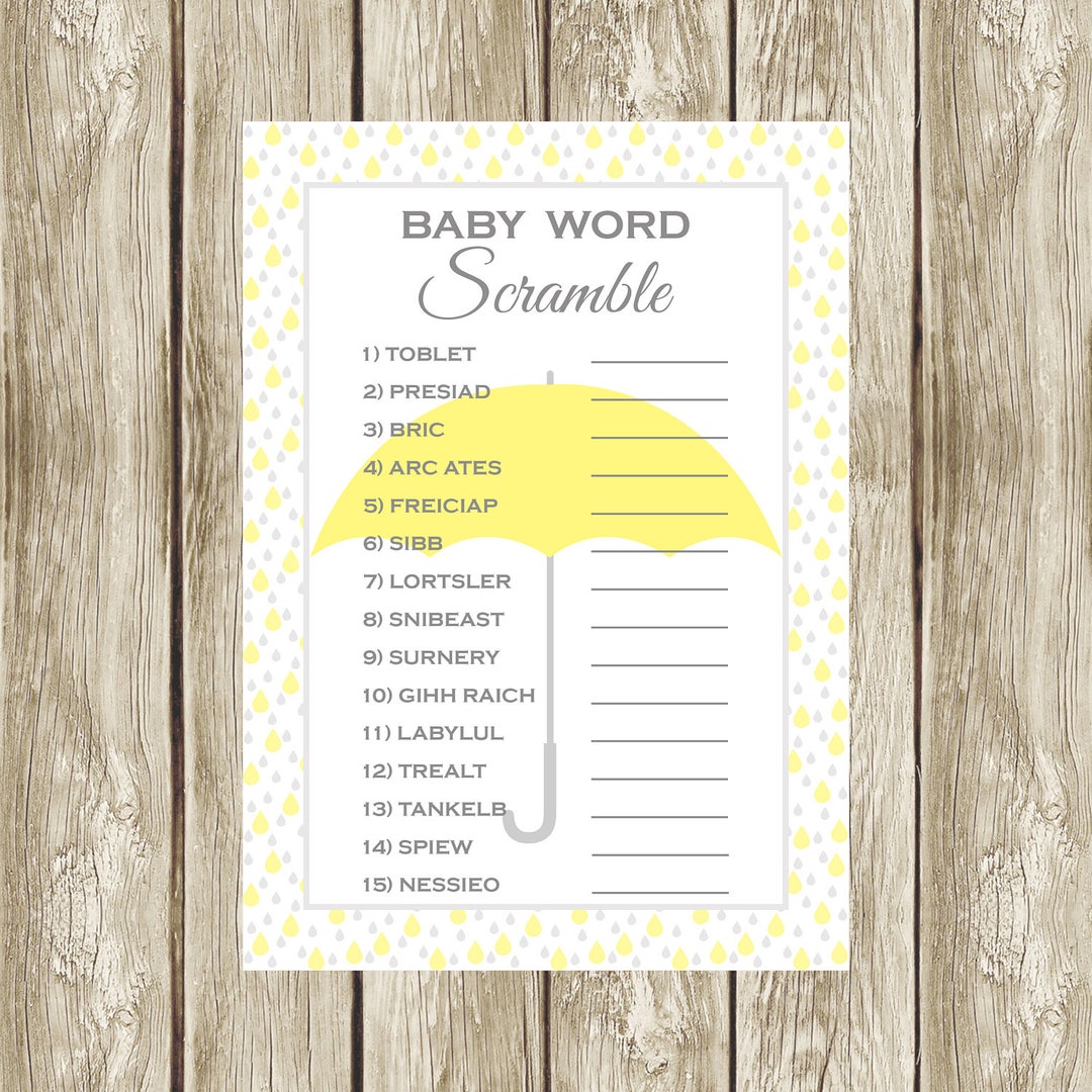 Baby Shower Word Scramble, Printable Baby Word Scramble, Yellow and ...