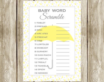 Baby Shower Word Scramble, Printable Baby Word Scramble, Yellow and Gray, Yellow and Grey, Instant Download, Gender Neutral Baby Shower, 006