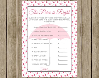 Il prezzo è giusto, gioco baby shower stampabile, rosa e grigio, tema ombrello, download istantaneo, tema goccia di pioggia, 007