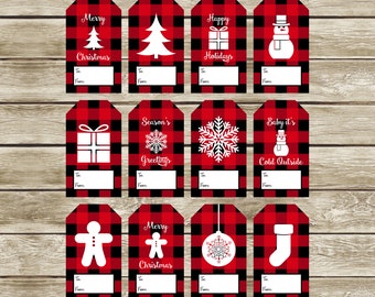 Etichette regalo di Natale, Etichette regalo plaid di bufalo, Etichette regalo stampabili, Etichette regalo natalizie, Rosso e Nero, Download istantaneo, 030