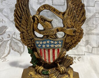 Vintage Cast Iron bookend or doorstop, bald eagle, E Pluribus Unum, Flag Shield