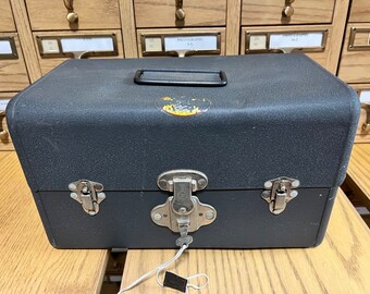 Vintage Film Reel box, vintage storage, metal box with original key, eagle lock, unique storage, small metal trunk, mini trunk