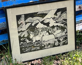 Eric Gibberd (1897-1972), Taos Mountain”, New Mexico, Woodblock, black and white, signed