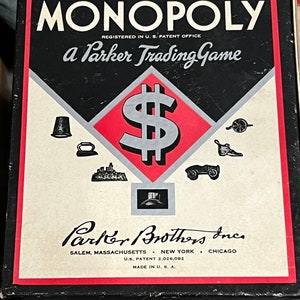 Antique Monopoly Game, Black Box, Reg. US Patent Office, Antique Game Collector, Parker Bros, Salem, MA, New York, Chicago, no board image 1