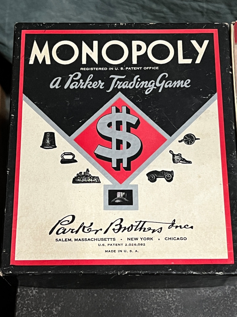 Antique Monopoly Game, Black Box, Reg. US Patent Office, Antique Game Collector, Parker Bros, Salem, MA, New York, Chicago, no board image 1