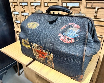 Vintage Walrus Skin Travel Bag, Doctor Bag, antique suitcase, late 1880's - 1930's, travel stickers, Red Star Line, Hotel Des Indes