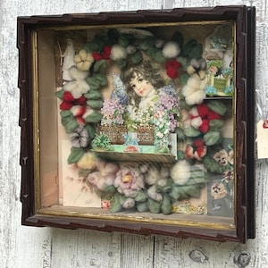 Victorian Era Shadow Box, Memorial Wreath, French die cut greeting cards, felt wreath, wood frame, memento mori