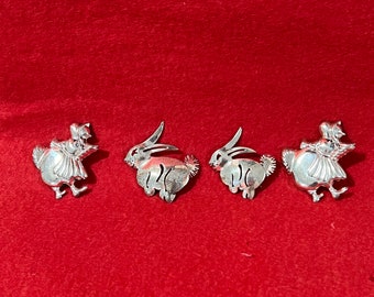 1940 Sterling Pin Set of 4, 2 Mother Goose Pins, and 2 Rabbits, Sterling Silver Pins, vintage style, antique pins, holiday gift, Christmas