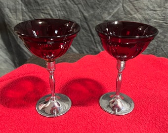 Art Deco Chrome Cocktail goblets,set of 2,  screw stems, glass goblets, ruby red glass, entertaining at home,  art deco stylish decor