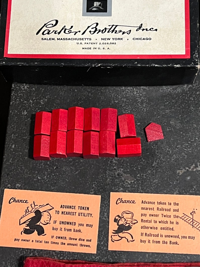 Antique Monopoly Game, Black Box, Reg. US Patent Office, Antique Game Collector, Parker Bros, Salem, MA, New York, Chicago, no board image 3