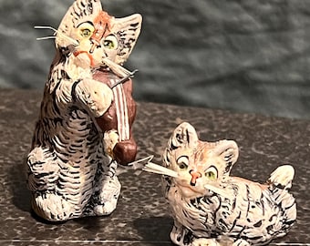 Made in Germany ceramic cat miniature, set of two, playing violin