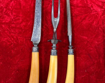 Antique Carving set with sharpener, Butterscotch handles, country kitchen, farmhouse utensils, fork, knife, farmhouse decor