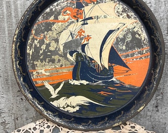 Antique Painted Metal Tray, Sailing Ship, nautical theme