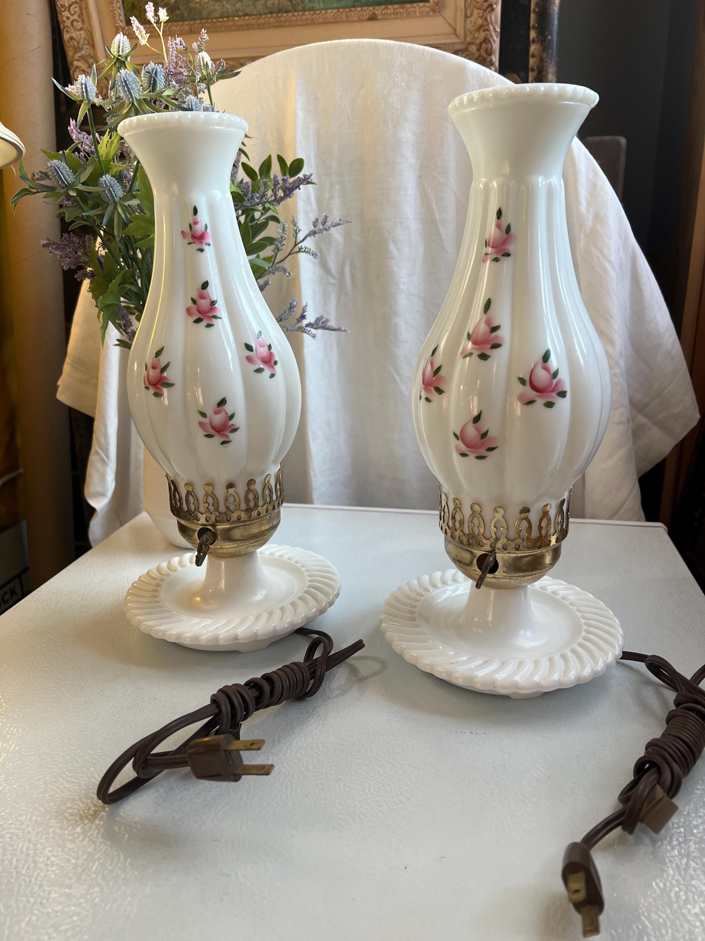 Vintage Pair (2 lamps) Hurricane Milk Glass Lamps, Hand painted rosebuds, electric lamps, end table lamps, cottage style, housewarming