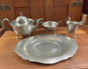 Pairpoint Pewter Tea set with tray, P333 pattern, footed feet