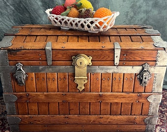 Antique Refinished Oak Slat Trunk, Vintage Storage, Farmhouse Style, Ca. 1880's, Southwestern Décor, Blanket storage, Refinished trunk