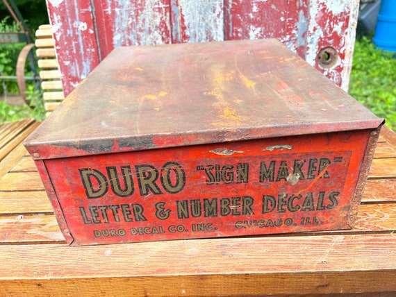 Vintage Tin Box, 1960s, Duro “sign maker” letter and number decals metal tin box, made in Chicago, ILL