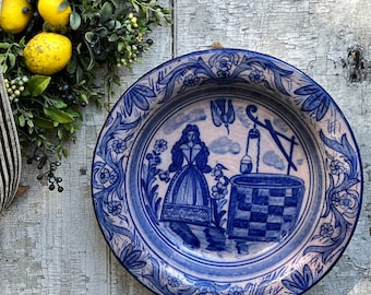 Vintage Blue Terracotta Shallow Bowl, wall art, farmhouse design, kitchen accent piece