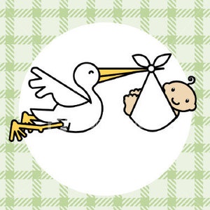 Op de afbeelding: Een cartoon illustratie van een witte ooievaar die een baby draagt in een witte bundel. De ooievaar heeft gele poten en een gele snavel. De baby heeft een lachend gezicht en piekt uit de bundel. De achtergrond is een witte cirkel op een groen-wit geruit patroon.