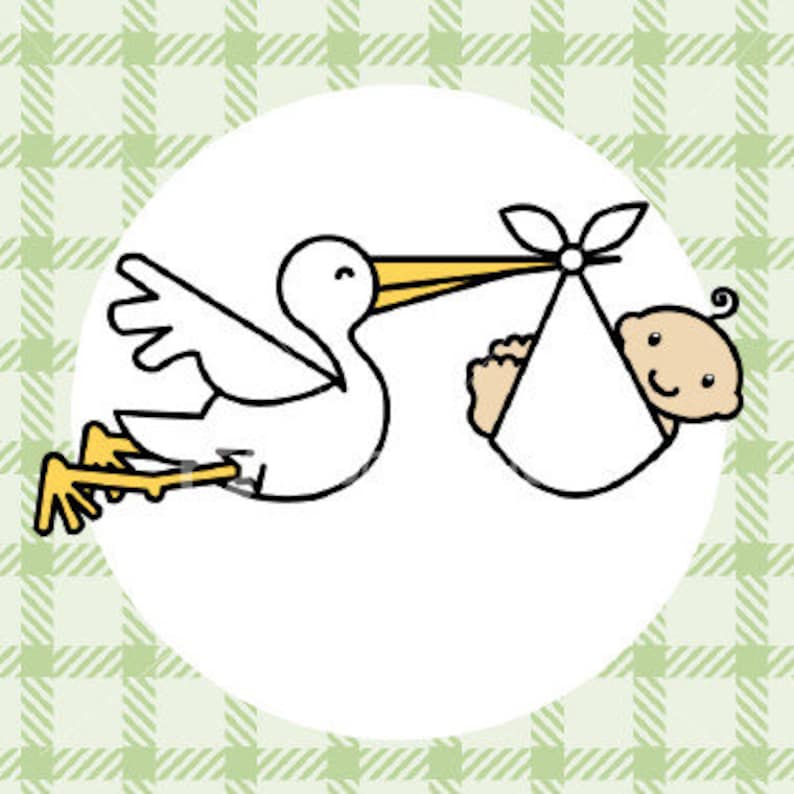 Op de afbeelding: Een cartoon illustratie van een witte ooievaar die een baby draagt in een witte bundel. De ooievaar heeft gele poten en een gele snavel. De baby heeft een lachend gezicht en piekt uit de bundel. De achtergrond is een witte cirkel op een groen-wit geruit patroon.