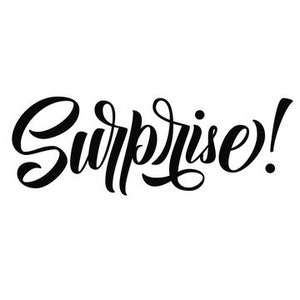 Op de afbeelding: Zwarte cursieve tekst op een witte achtergrond leest "Surprise!". Het woord is geschreven in een vloeiend, elegant schrift met een decoratieve krul op de "S" en een vet uitroepteken.