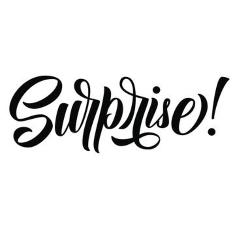 Op de afbeelding: Zwarte cursieve tekst op een witte achtergrond leest "Surprise!". Het woord is geschreven in een vloeiend, elegant schrift met een decoratieve krul op de "S" en een vet uitroepteken.