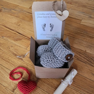 Grandparent Pregnancy announcement, Pregnancy reveal, Baby booties, reveal booties, Baby shower gift, booty box, Newborn booties