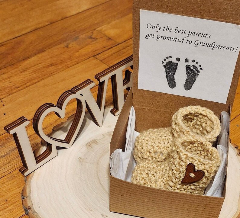 The best Parent Pregnancy Announcement, Grandparent pregnancy reveal, Baby booties reveal box, Baby shower gift, Free heart with each order image 2