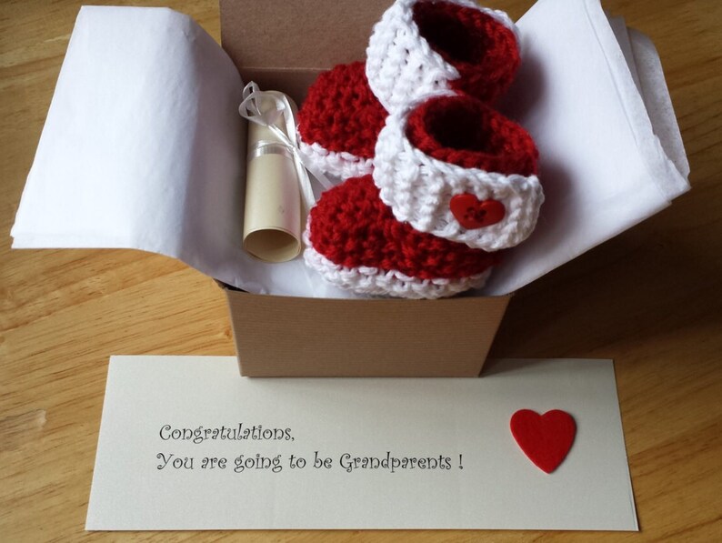 Mother's Day Pregnancy Announcement, Baby Booties, pregnancy reveal, Baby reveal, SHIP SAME day, Free crochet heart with each order image 1