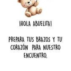 Op de afbeelding: Waterverfillustratie van een teddybeer die drie groene ballonnen vasthoudt. De beer is lichtbruin met een lachend gezicht. De Spaanse tekst luidt: "&iexcl;HOLA ABUELITA! PREPARA TUS BRAZOS Y TU CORAZ&Oacute;N PARA NUESTRO ENCUENTRO."