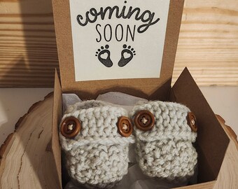 Grandparent Pregnancy announcement, Pregnancy reveal, Baby booties in the box, Baby gift box, Reveal booties, neutral color baby loafers