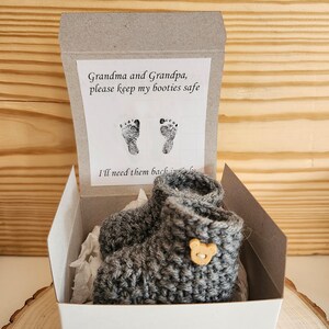 Baby Booties, reveal box, Grandparent pregnancy announcement, Parents pregnancy reveal, reveal booties, Grey booties, newborn booties