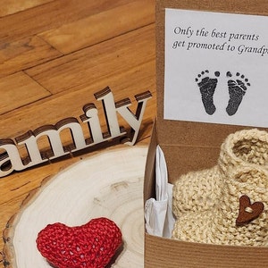 The best Parent Pregnancy Announcement, Grandparent pregnancy reveal, Baby booties reveal box, Baby shower gift, Free heart with each order!