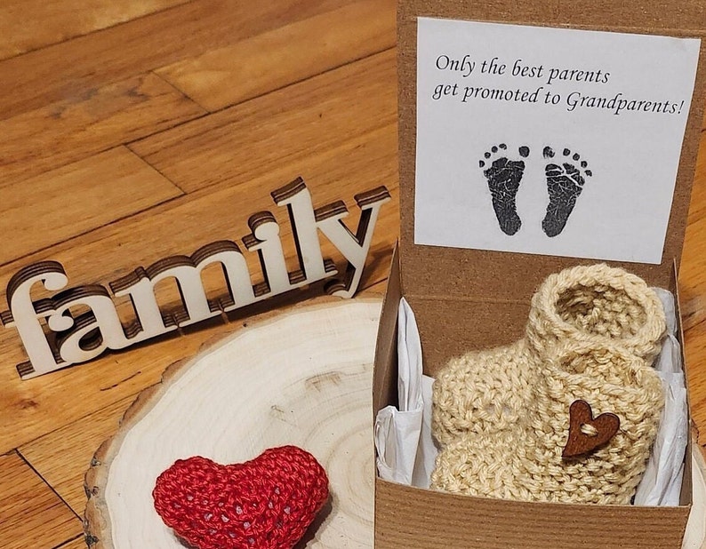 The best Parent Pregnancy Announcement, Grandparent pregnancy reveal, Baby booties reveal box, Baby shower gift, Free heart with each order image 1