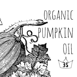 K&ouml;nnte beinhalten: Eine schwarz-wei&szlig;e Strichzeichnung eines K&uuml;rbisses mit Bl&auml;ttern und Ranken. Der Text lautet ORGANIC PUMPKIN OIL, mit einem kleinen Kronensymbol, das die Buchstaben SE enth&auml;lt, unter dem Text auf der rechten Seite des Bildes.