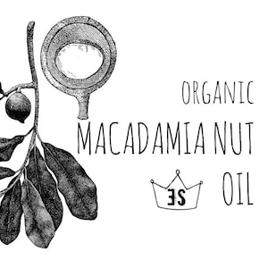 Peut inclure: Illustration en noir et blanc d'huile de noix de macadamia. L'image pr&eacute;sente un dessin d&eacute;taill&eacute; d'une noix de macadamia, une branche avec des feuilles et des noix, et les mots "Organic Macadamia Nut Oil". Un logo de couronne est &eacute;galement inclus.